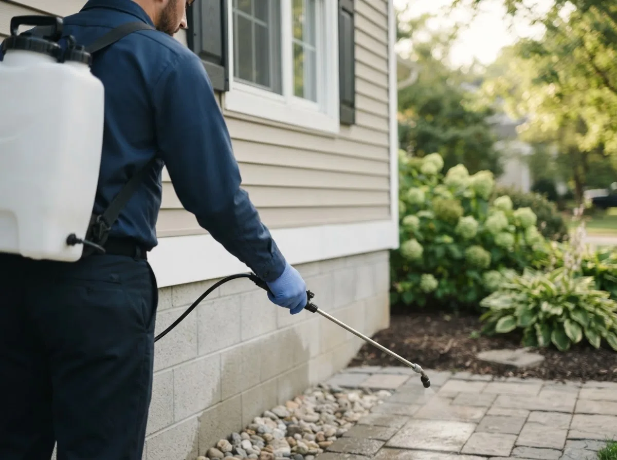 Pest control technician inspecting a home in Farmington, UT